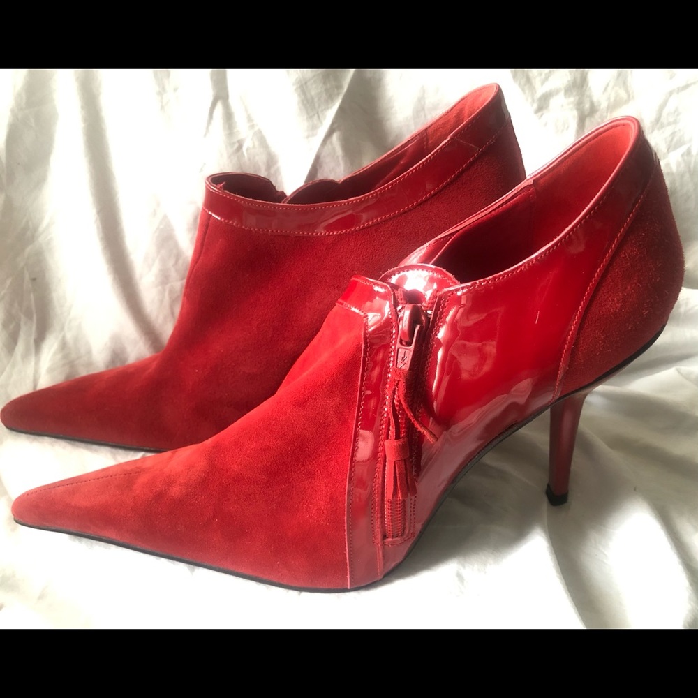 Steve Madden vintage red suede/patent leather, leather-lined, stiletto booties.